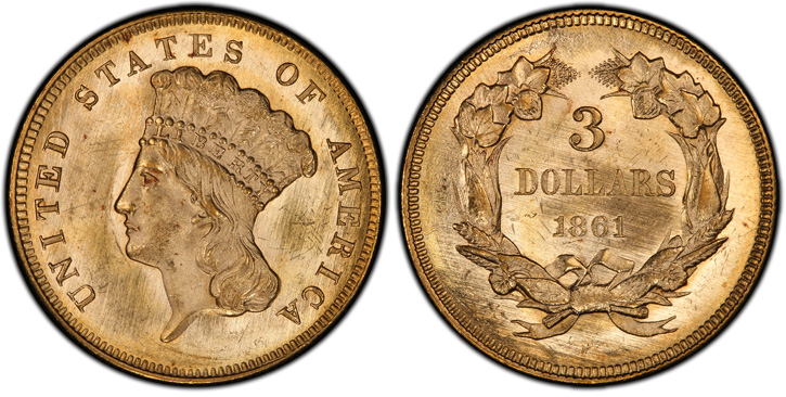 1861 Three-Dollar Gold Piece. MS-65 (PCGS).